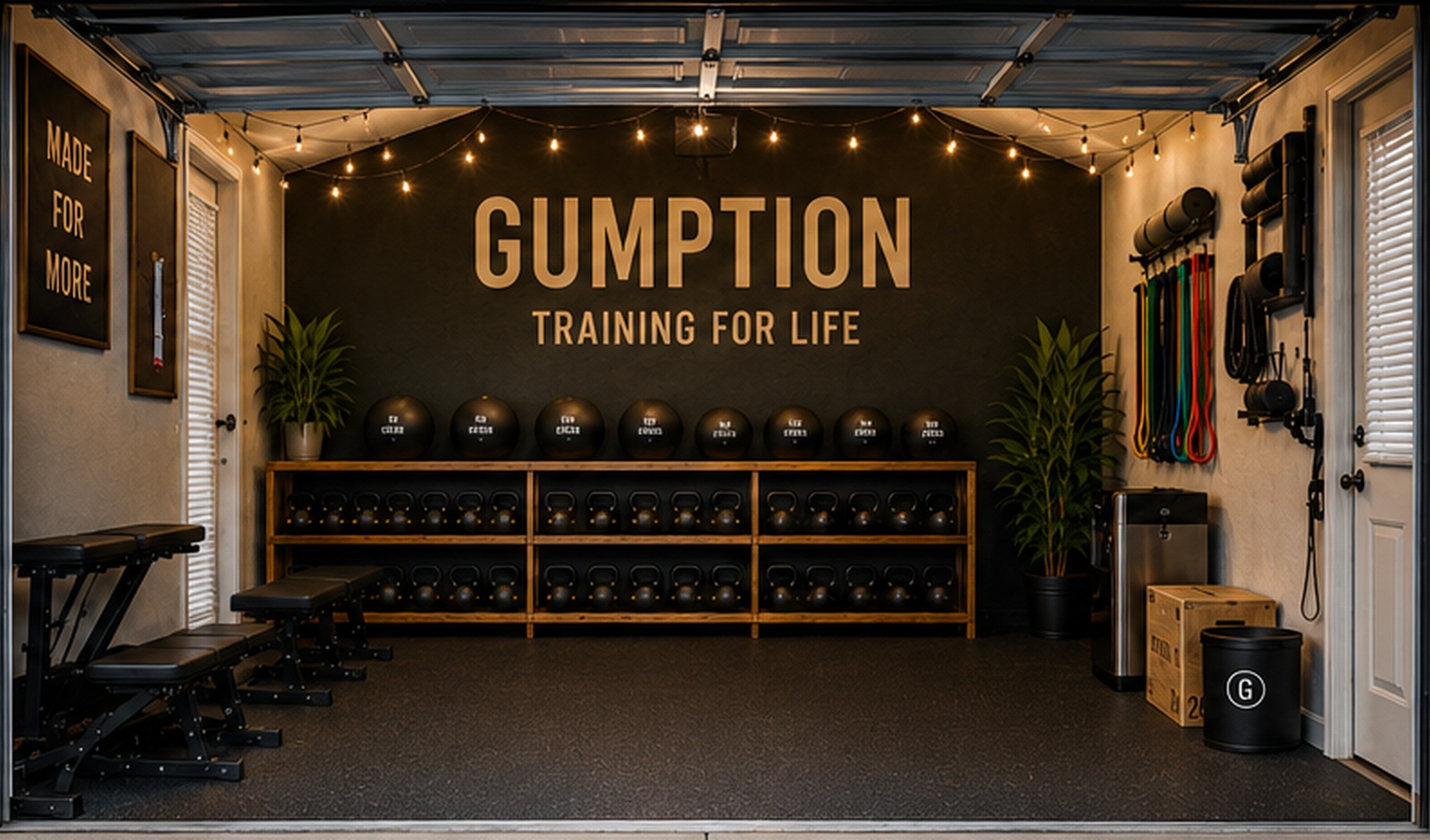 Concept visualization of the Gumption Garage with the words Gumption and Training for Life on the wall, plus strength equipment