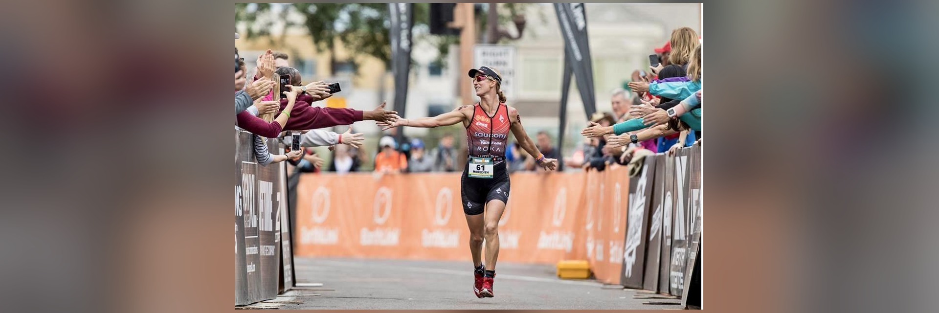 Meredith connecting with supporters in the finish chute
