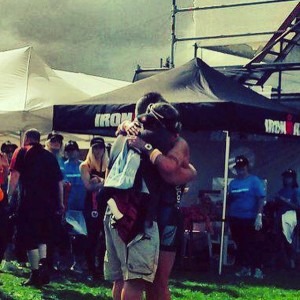 Meredith Kessler hugging husband Aaron Kessler Ironman New Zealand